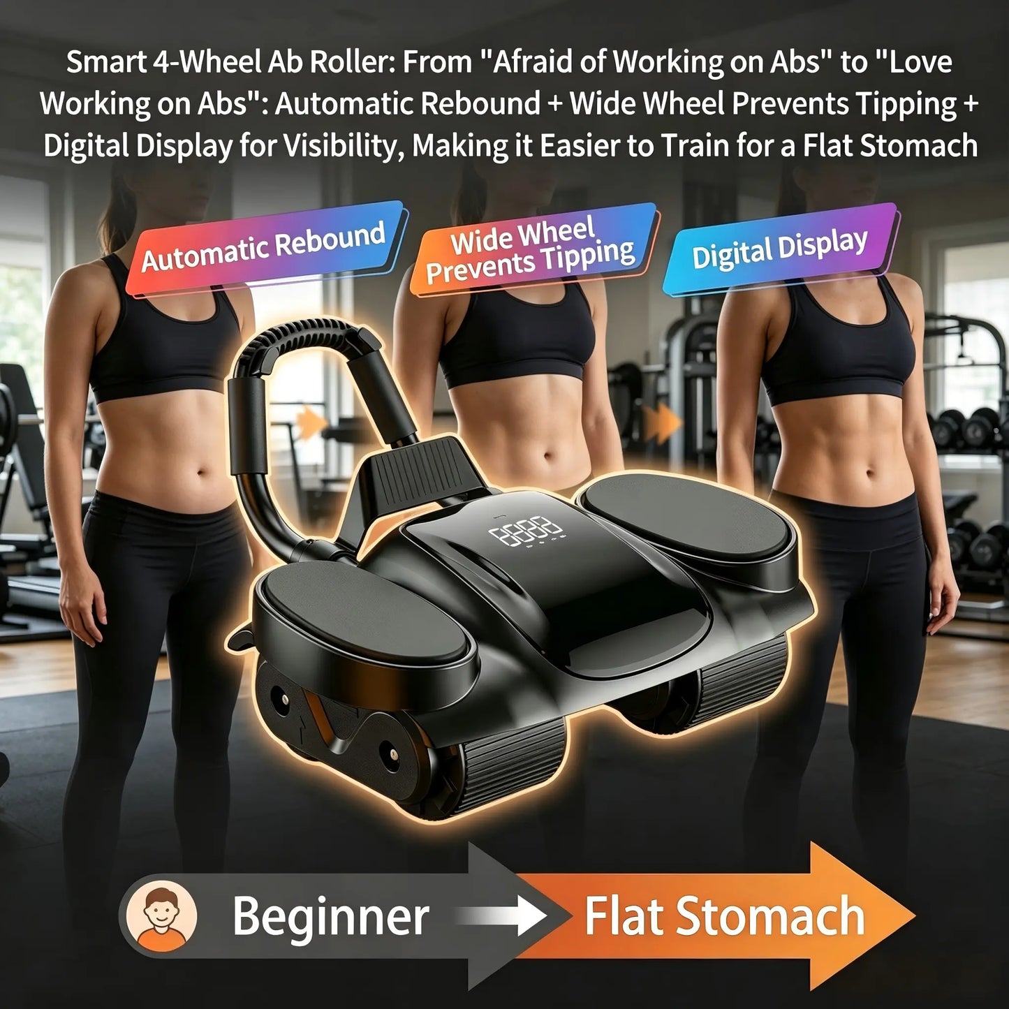 4-Wheel Auto Rebound Ab Roller with Digital Counter, Enhanced Elbow Pad, and Phone Holder - Professional Core Trainer for Home Gym Fitness and Abdominal Workouts