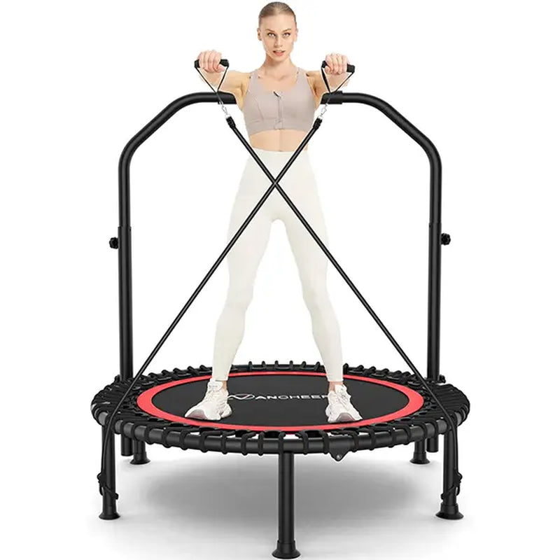 ANCHOER Adjustable Foldable Round Rebounder Trampoline (40"/48") - Max Load Capacity 570Lbs/620Lbs, Indoor Fitness Equipment with 4-Level Foam Handle and Resistance Bands for Home and Gym Use