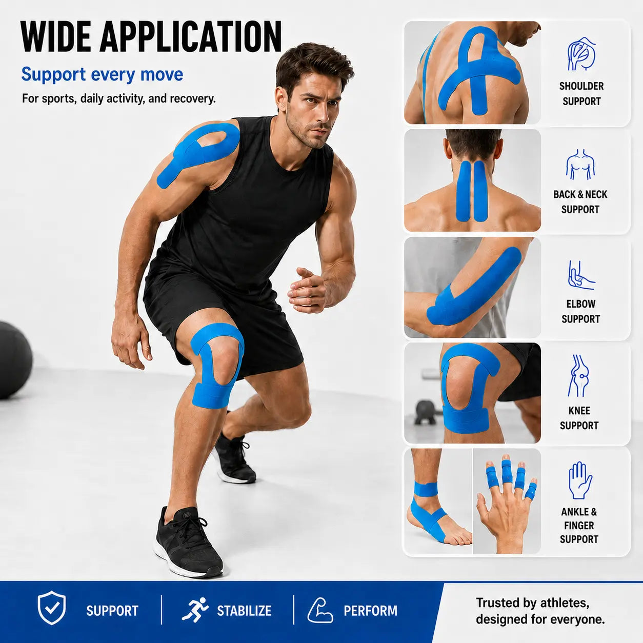 Uncut Elastic Stabilizing Sports Tape, Athletic Kinesiology Kinetic Tape, Waterproof, Sweat-Resistant, Skin-Friendly, Flexible, Breathable, Relieves Knee Pain & Sprains, Ideal for Exercise & Outdoor Activities, Stabilizing Sports Tapes