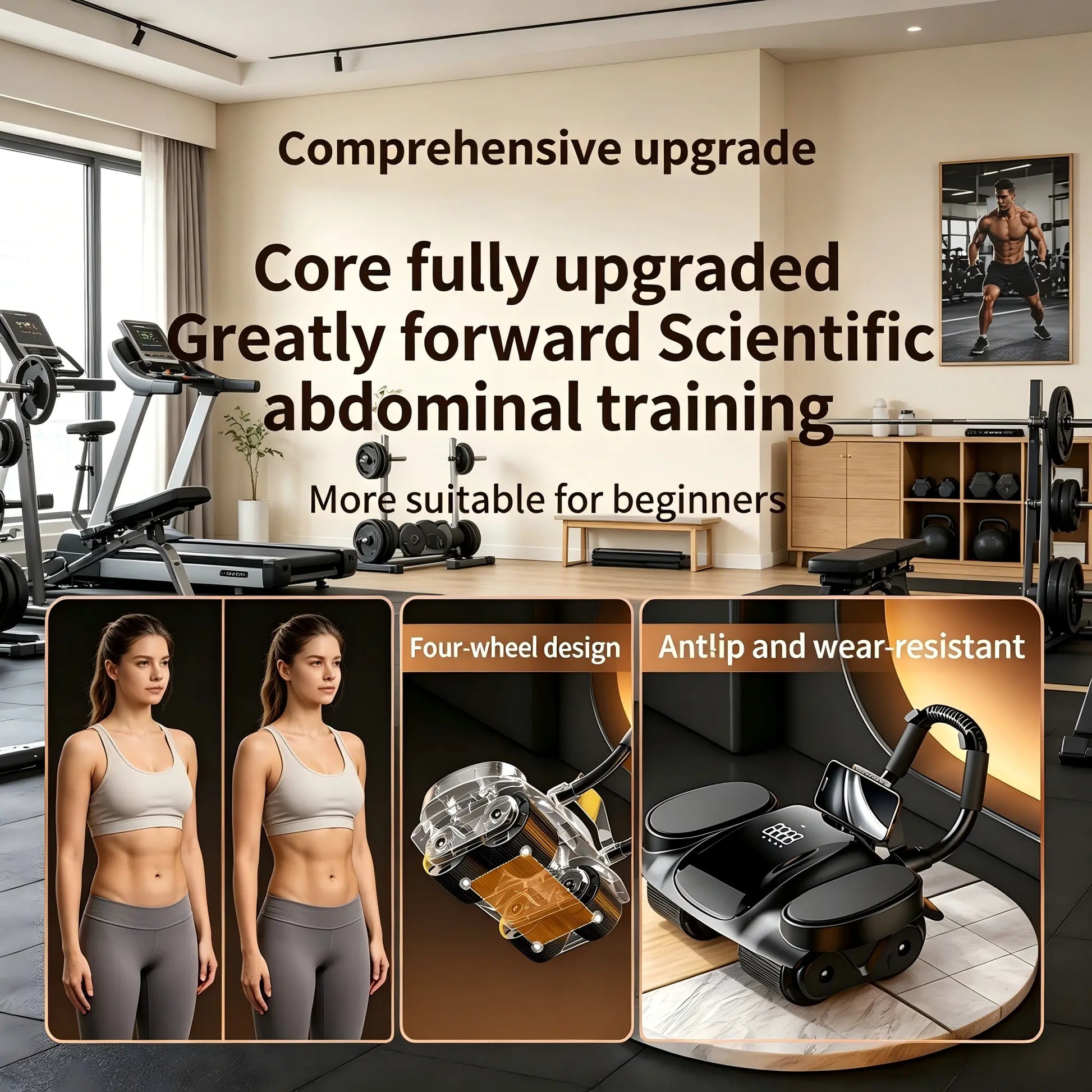 4-Wheel Auto Rebound Ab Roller with Digital Counter, Enhanced Elbow Pad, and Phone Holder - Professional Core Trainer for Home Gym Fitness and Abdominal Workouts
