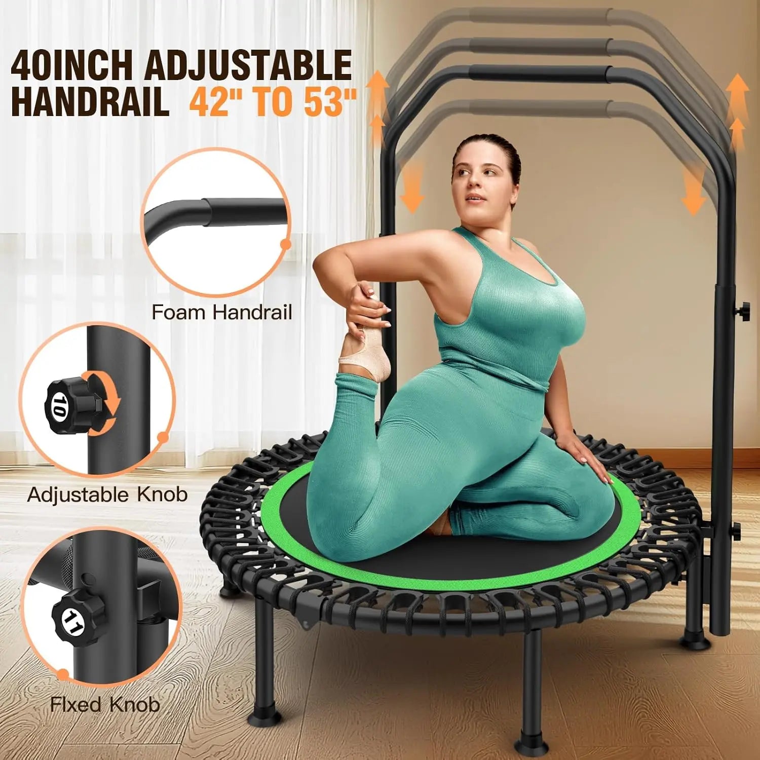ANCHOER Adjustable Foldable Round Rebounder Trampoline (40"/48") - Max Load Capacity 570Lbs/620Lbs, Indoor Fitness Equipment with 4-Level Foam Handle and Resistance Bands for Home and Gym Use