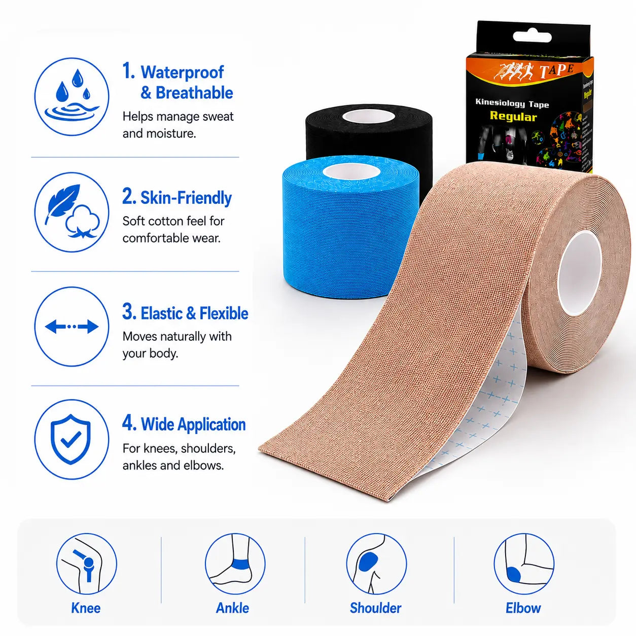 Uncut Elastic Stabilizing Sports Tape, Athletic Kinesiology Kinetic Tape, Waterproof, Sweat-Resistant, Skin-Friendly, Flexible, Breathable, Relieves Knee Pain & Sprains, Ideal for Exercise & Outdoor Activities, Stabilizing Sports Tapes