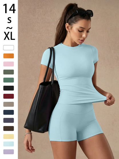 Women'S Solid Color Set, Basic Versatile T-Shirt Top, Fashion Multi-Purpose Slimming Hip-Lifting Gym Shorts, Yoga Fitness Gym, Multifunctional Sportswear