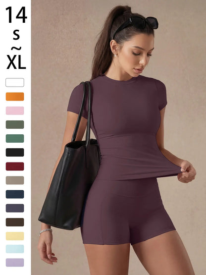 Women'S Solid Color Set, Basic Versatile T-Shirt Top, Fashion Multi-Purpose Slimming Hip-Lifting Gym Shorts, Yoga Fitness Gym, Multifunctional Sportswear