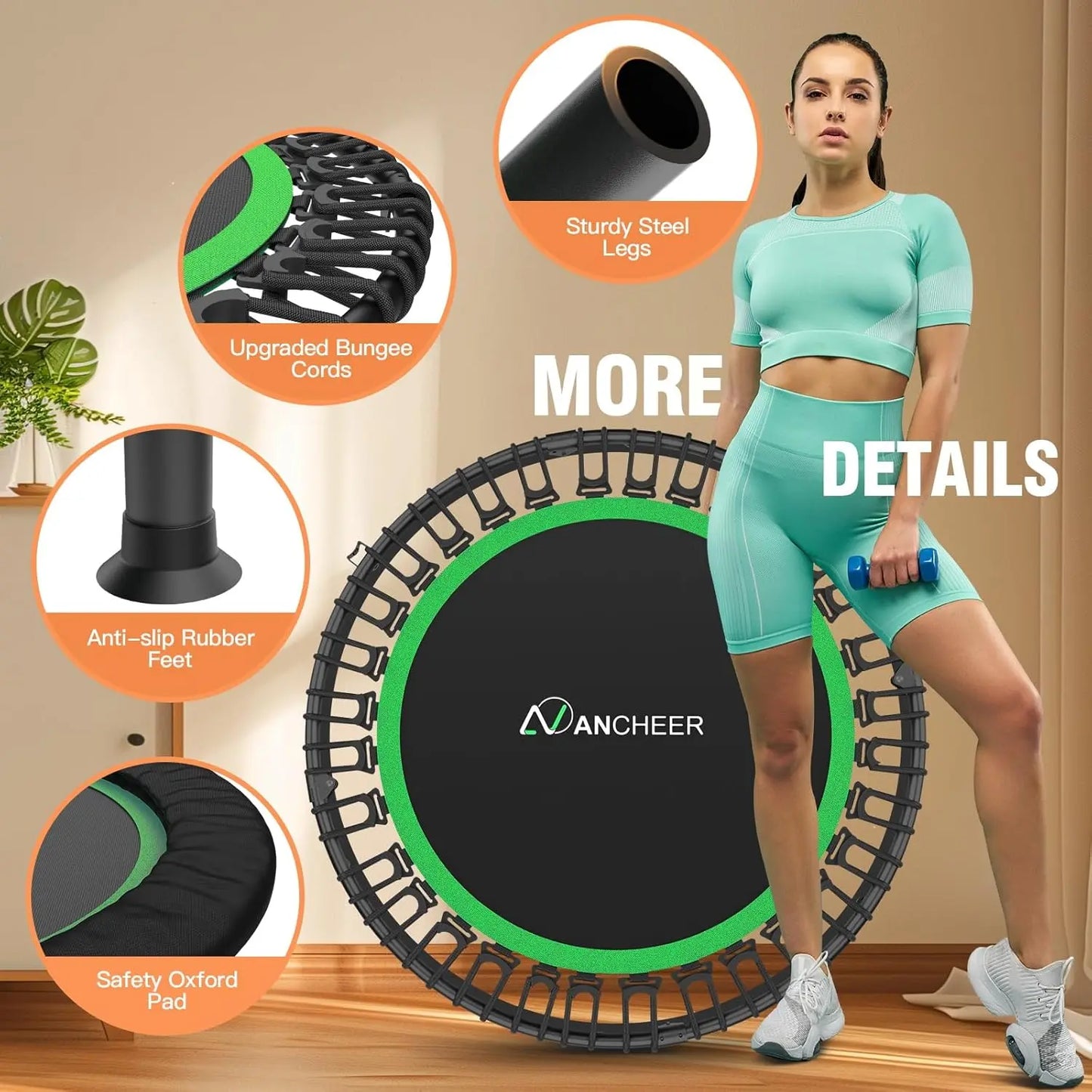 ANCHOER Adjustable Foldable Round Rebounder Trampoline (40"/48") - Max Load Capacity 570Lbs/620Lbs, Indoor Fitness Equipment with 4-Level Foam Handle and Resistance Bands for Home and Gym Use