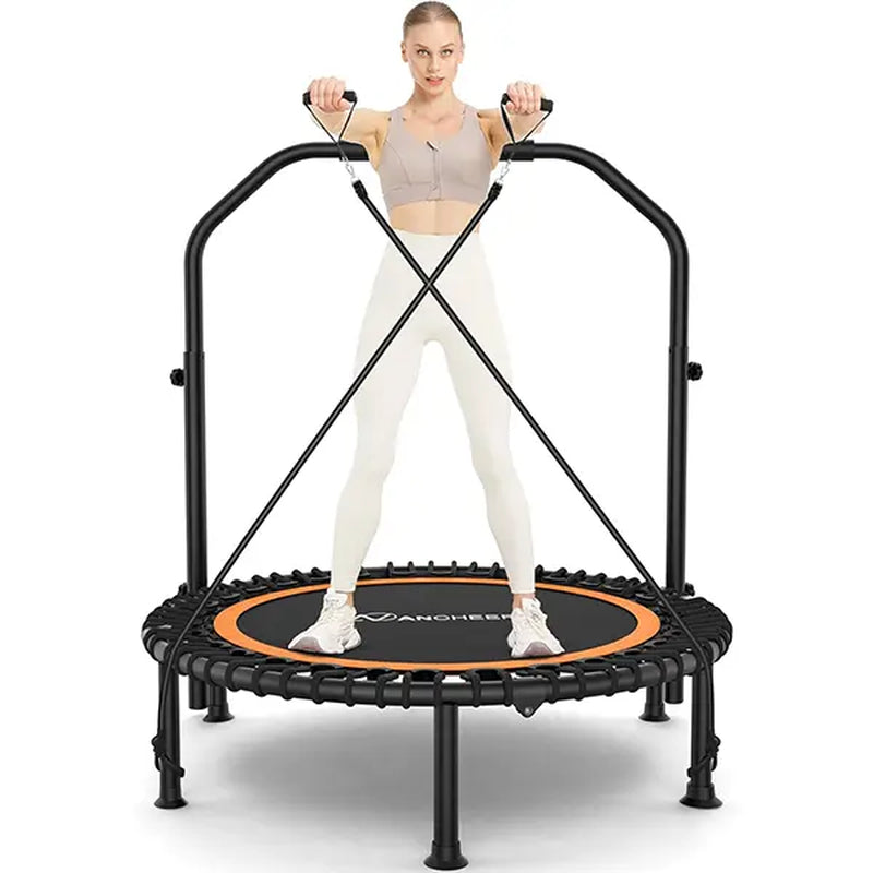 ANCHOER Adjustable Foldable Round Rebounder Trampoline (40"/48") - Max Load Capacity 570Lbs/620Lbs, Indoor Fitness Equipment with 4-Level Foam Handle and Resistance Bands for Home and Gym Use