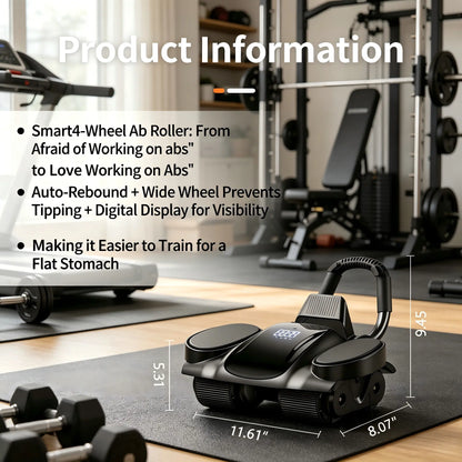 4-Wheel Auto Rebound Ab Roller with Digital Counter, Enhanced Elbow Pad, and Phone Holder - Professional Core Trainer for Home Gym Fitness and Abdominal Workouts