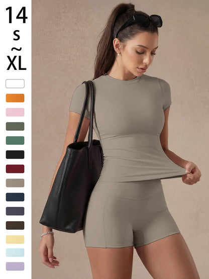 Women'S Solid Color Set, Basic Versatile T-Shirt Top, Fashion Multi-Purpose Slimming Hip-Lifting Gym Shorts, Yoga Fitness Gym, Multifunctional Sportswear